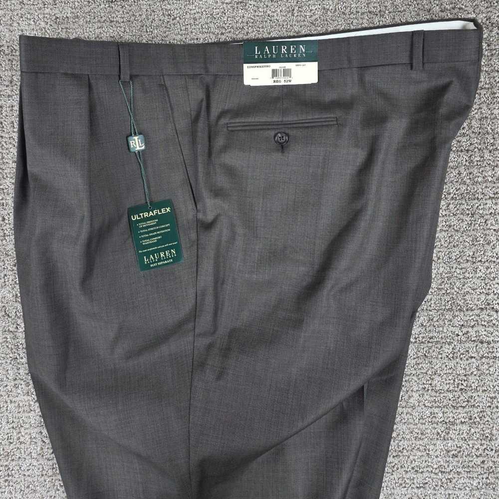 Lauren Ralph Lauren Mens Brown Wool Plaid Ultraflex‎ Dress Pants 52W UNHEMMED